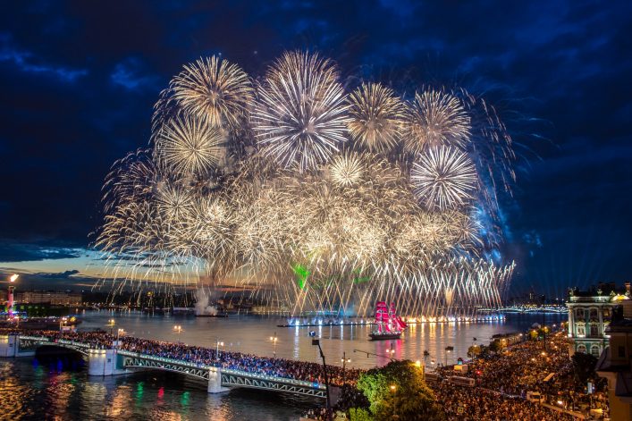 Crowd on Palace Bridge look at grandiose fireworks at night in St. Petersburg, Russia shutterstock_266630135-2