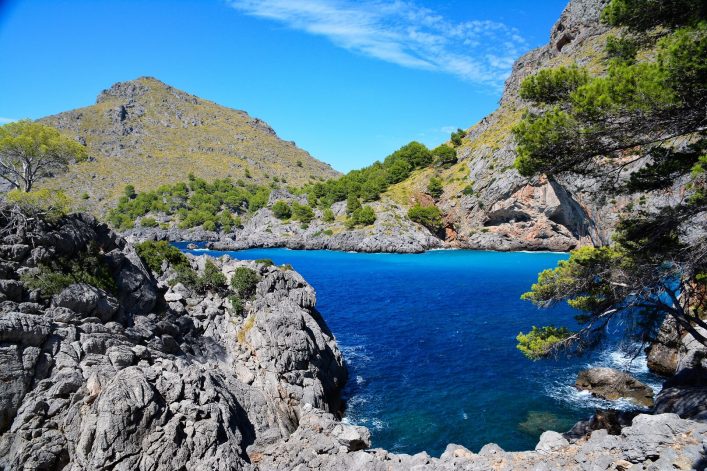 Küste mit türkisem Meer, umgeben von hohen, felsigen Bergen mit grünen Bäumen. Im Vordergrund raue Felsen, oben blauer Himmel und weiße Wolken. Rechts ein Baum, der in das Bild ragt.
