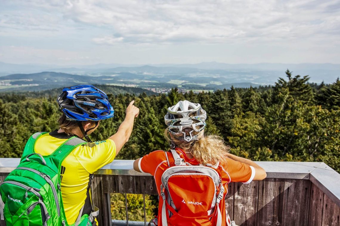 Radfahrer auf dem Aussichtsturm auf dem Brotjacklriegel im Bayerischen Wald.