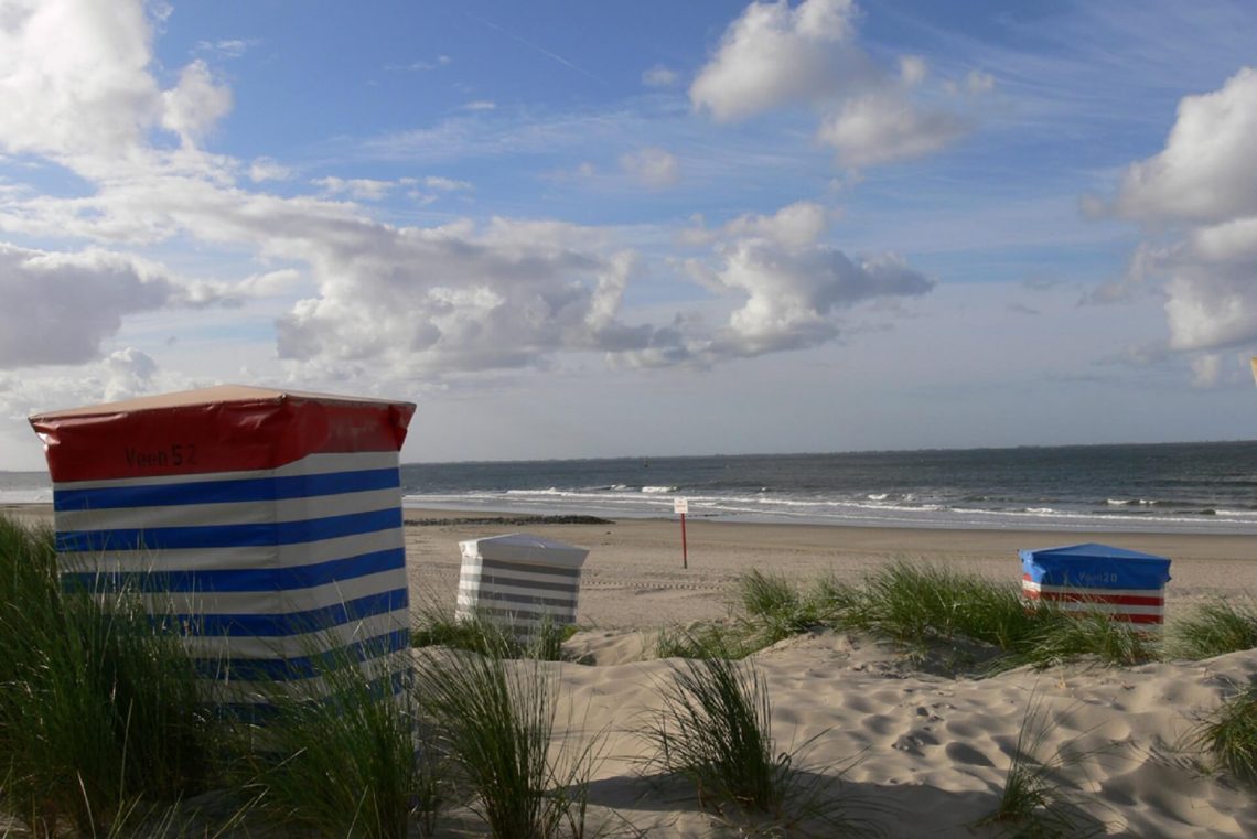 Strandkörbe in den Dünen am Südstrand von Borkum in der Nordsee.
