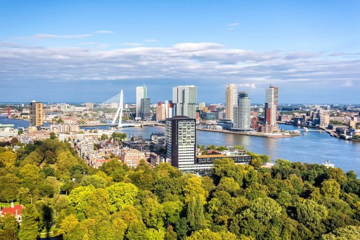 Skyline von Rotterdam mit modernen Hochhäusern am Fluss, umgeben von üppigem Grün im Vordergrund. Eine markante Brücke verbindet die Stadtteile, während der Himmel blau mit wenigen Wolken ist.