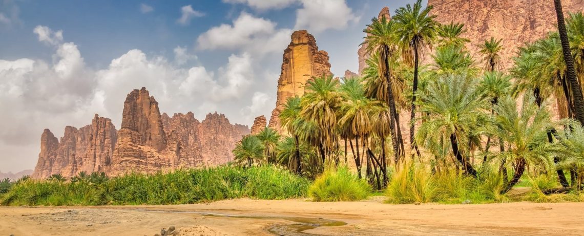 Die Oase Wadi Al Disah in Saudi Arabien ist eine Mischung aus sattgrünen Palmenwäldern und den schroffen, sandfarbenen Felsformationen.