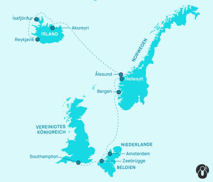 Karte einer Kreuzfahrtroute durch Nordeuropa