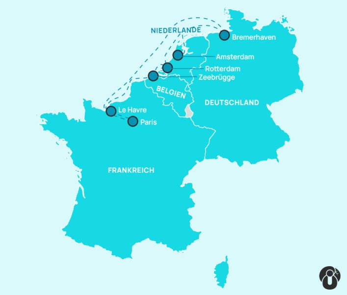 Karte einer Kreuzfahrt-Route in Westeuropa