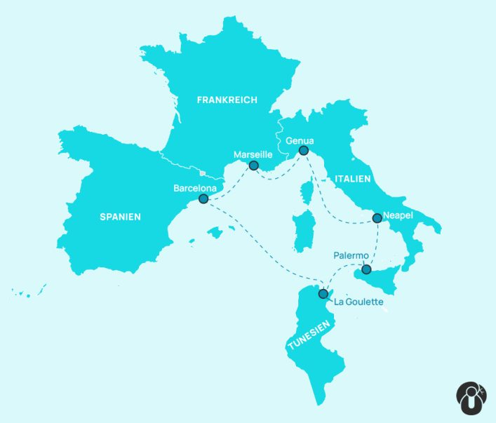 Karte einer Kreuzfahrt-Route durch das westliche Mittelmeer