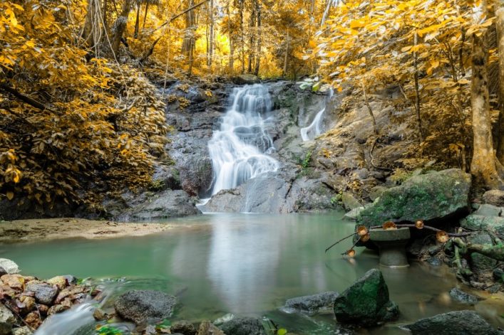 Ein Wasserfall fließt über Steinstufen in ein ruhiges, türkisfarbenes Becken. Umgeben von dichten Bäumen und Pflanzen in herbstlichen Gelbtönen. Im Vordergrund liegen Steine am Ufer.