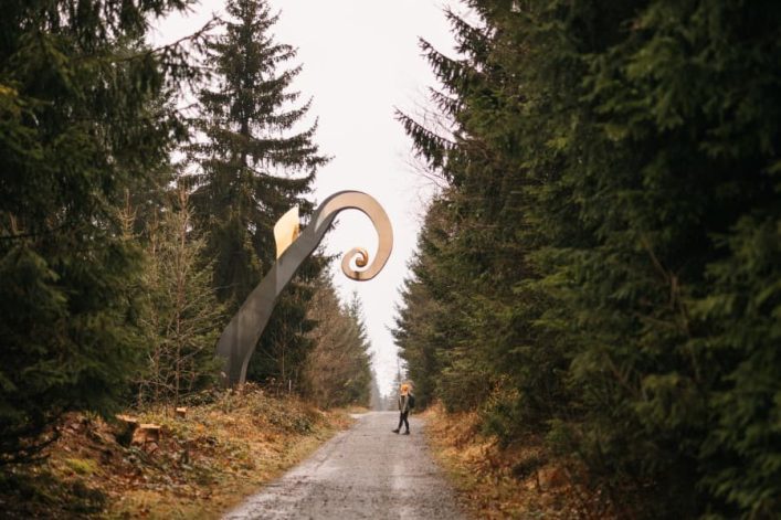 Ein schmaler Weg führt durch einen dichten Nadelwald, flankiert von hohen Bäumen. Links erhebt sich eine eindrucksvolle Skulptur mit einer geschwungenen Form. Eine Person spaziert mittig.